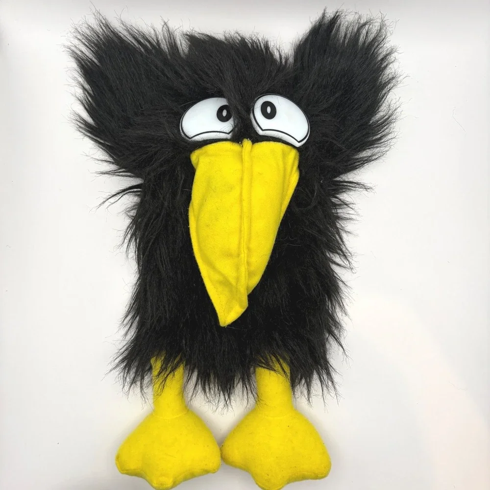 Vintage Black Crow Hand Puppet 90s Plush Bird Yellow Beak Faux‎ Fur No Squeaker